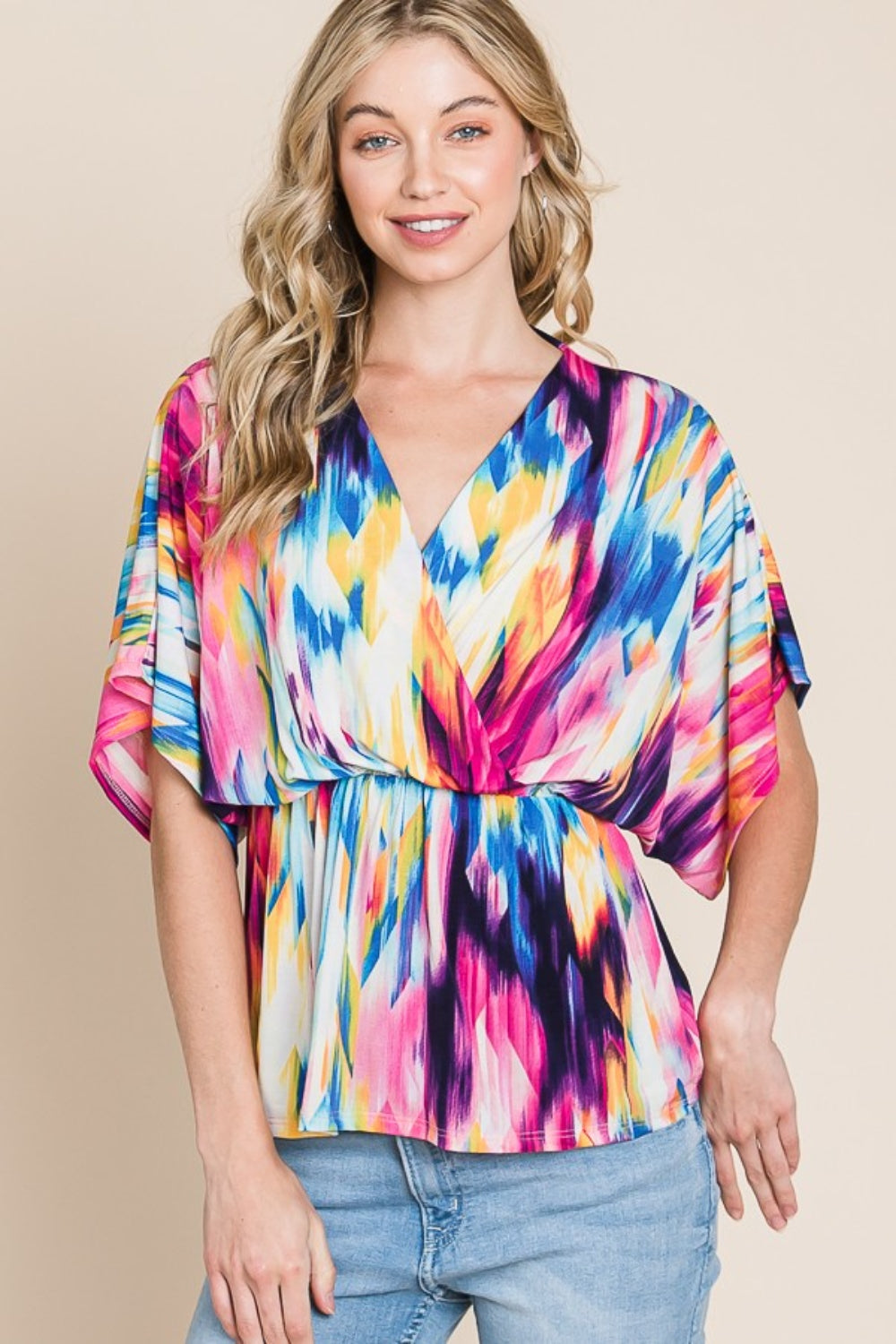 BOMBOM Printed Surplice Peplum Blouse Multicolor Apparel/Tops BOMBOM Ship from USA TikTok Tops Trendsi USPS Walmart Walmart Apparel Trendsi https://www.cyberehub.com
