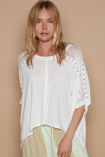 POL Eyelet Detail Studded High-Low Top White Apparel/Tops POL Ship from USA TikTok Tops Trendsi USPS Walmart Walmart Apparel Trendsi https://www.cyberehub.com