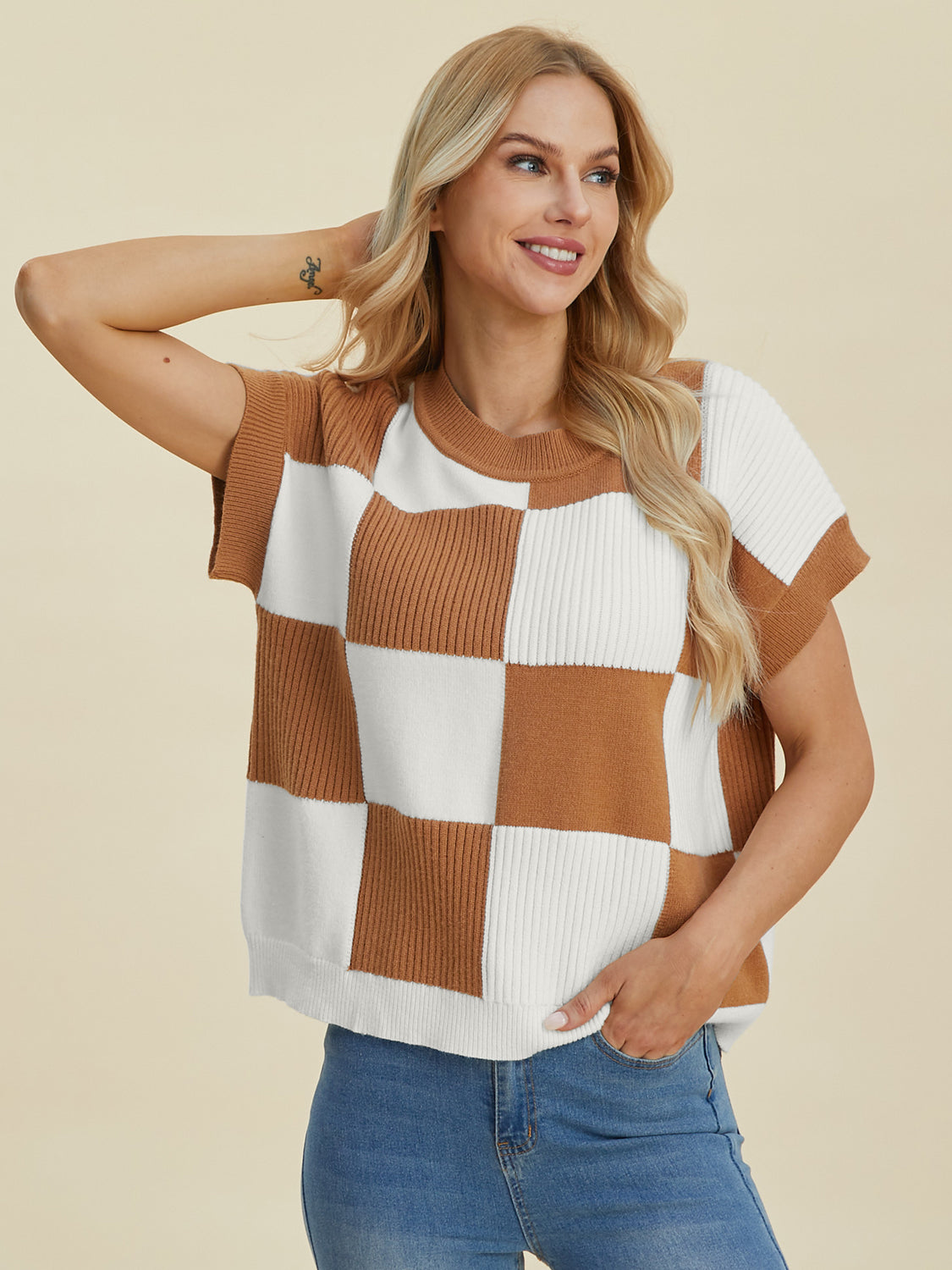 Double Take Full Size Checkered Round Neck Short Sleeve Sweater Shirt Apparel Clothing Tops Double Take Ship from USA Shirts USA Women Trendsi https://www.cyberehub.com