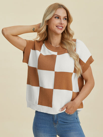 Double Take Full Size Checkered Round Neck Short Sleeve Sweater Shirt Apparel Clothing Tops Double Take Ship from USA Shirts USA Women Trendsi https://www.cyberehub.com