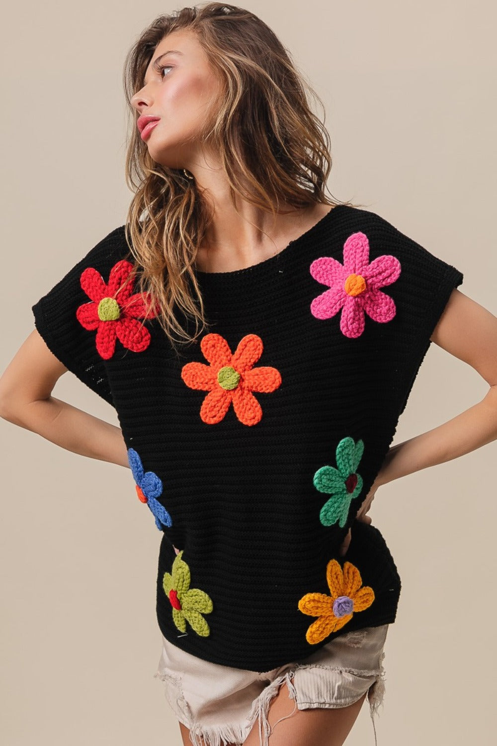 BiBi Flower Round Neck Cap Sleeve Knit Top Shirt Apparel BiBi Clothing Tops Ship from USA Shirts USA Women Trendsi https://www.cyberehub.com