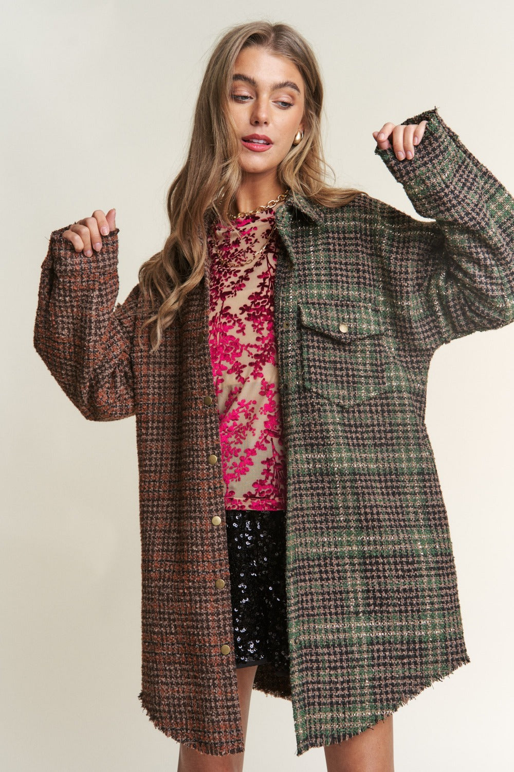 J.NNA Snap Down Tweed Plaid Contrast Longline Shacket Misty Forest Tops/Jackets/Sweaters Clothing Tops J.NNA Ship from USA TikTok Trendsi USPS Walmart Trendsi https://www.cyberehub.com