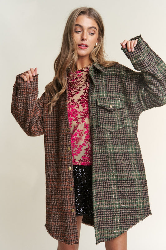 J.NNA Snap Down Tweed Plaid Contrast Longline Shacket Misty Forest Tops/Jackets/Sweaters Clothing Tops J.NNA Ship from USA TikTok Trendsi USPS Walmart Trendsi https://www.cyberehub.com
