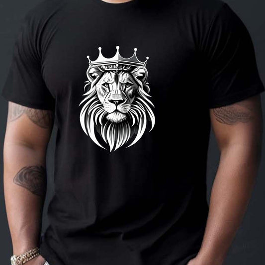 Lion Wearing Crown Print T-shirt, Men's T-shirt, Summer Casual Short Sleeved T-shirt Apparel/Shirt/Graphic Shirt SNULLO https://www.cyberehub.com