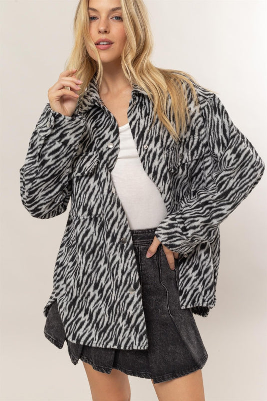 HYFVE Zebra Print Snap Down Long Sleeve Shacket Black Tops/Jackets/Sweaters Clothing Tops HYFVE Ship from USA TikTok Trendsi USPS Walmart Trendsi https://www.cyberehub.com