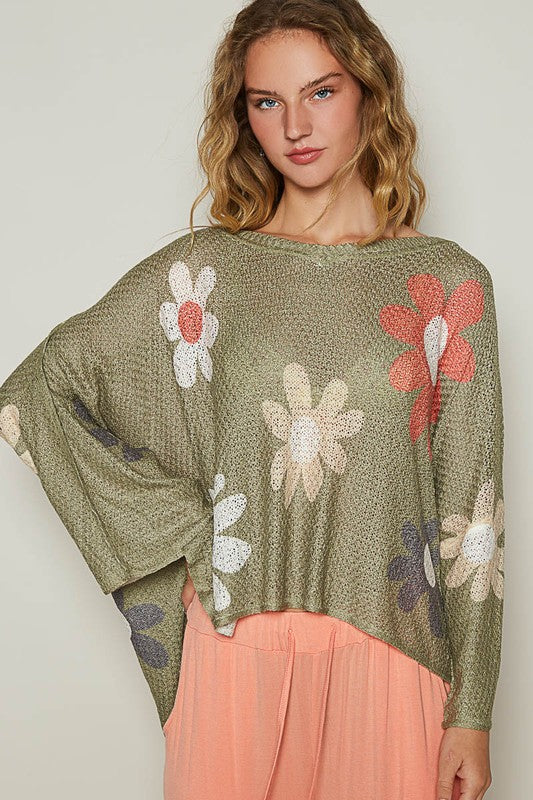 POL Flower Dropped Shoulder Long Sleeve Knit Top Olive Apparel Apparel POL Ship from USA TikTok Trendsi Trendsi https://www.cyberehub.com