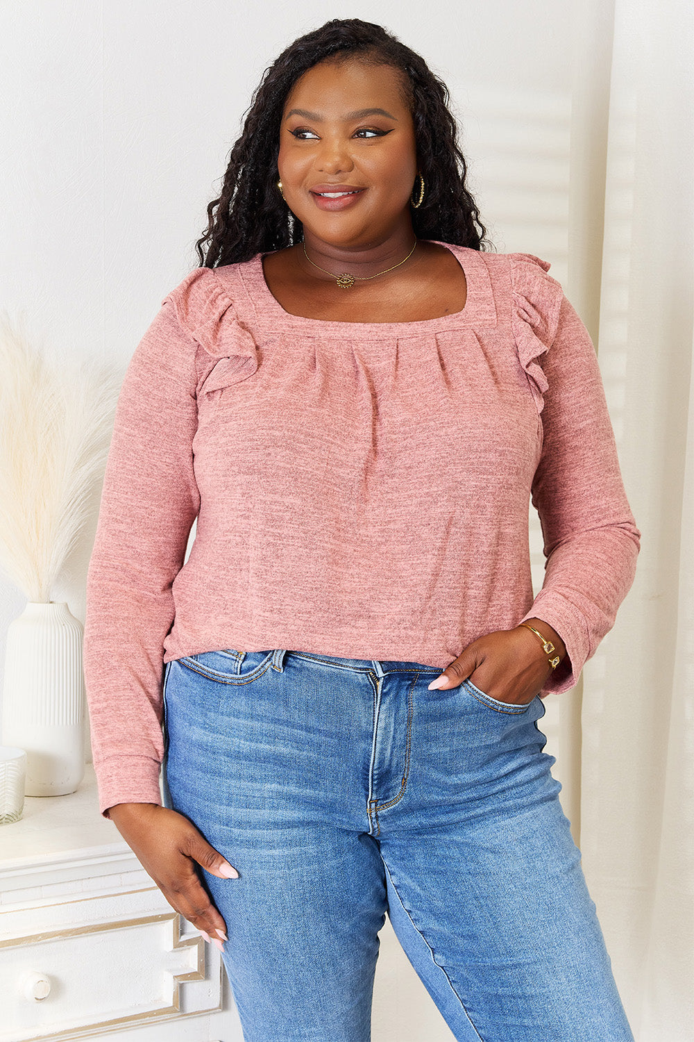Double Take Square Neck Ruffle Shoulder Long Sleeve T-Shirt Dusty Pink Apparel/Tops Double Take Ship from USA TikTok Tops Trendsi USPS Walmart Walmart Apparel Trendsi https://www.cyberehub.com