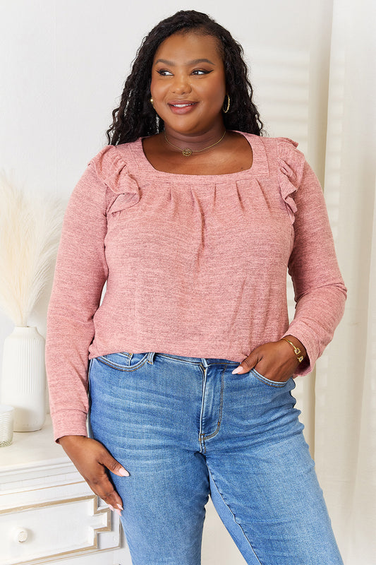 Double Take Square Neck Ruffle Shoulder Long Sleeve T-Shirt Dusty Pink Apparel/Tops Double Take Ship from USA TikTok Tops Trendsi USPS Walmart Walmart Apparel Trendsi https://www.cyberehub.com