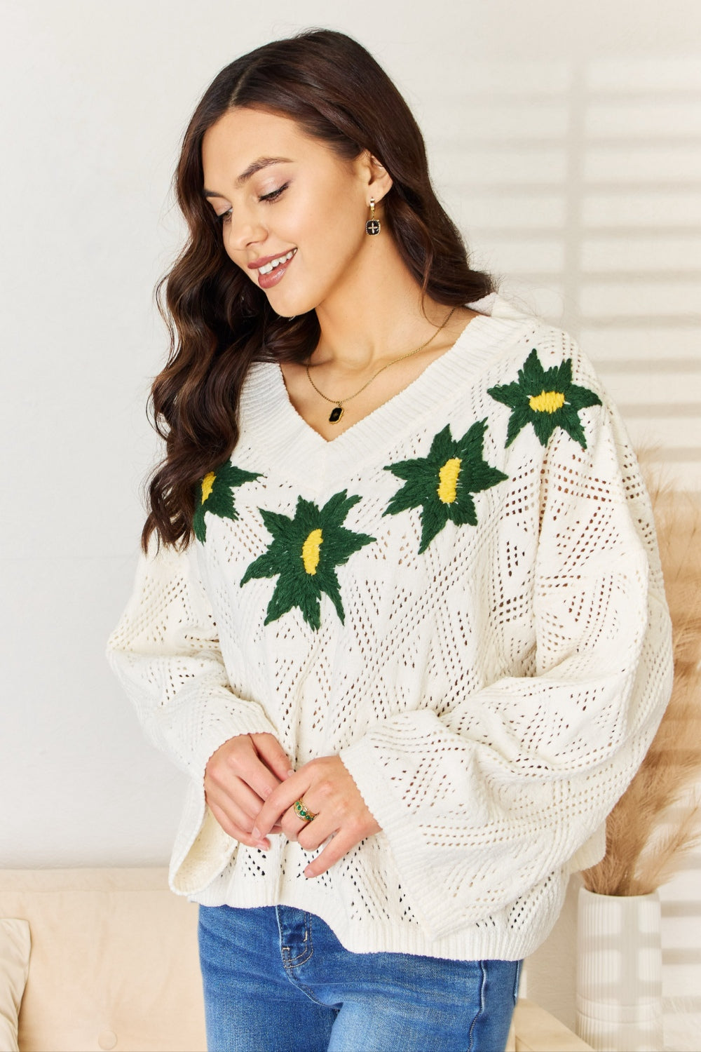 POL Floral Embroidered Pattern V-Neck Sweater Tops/Jackets/Sweaters Clothing Tops POL Ship from USA TikTok Trendsi USPS Walmart Trendsi https://www.cyberehub.com