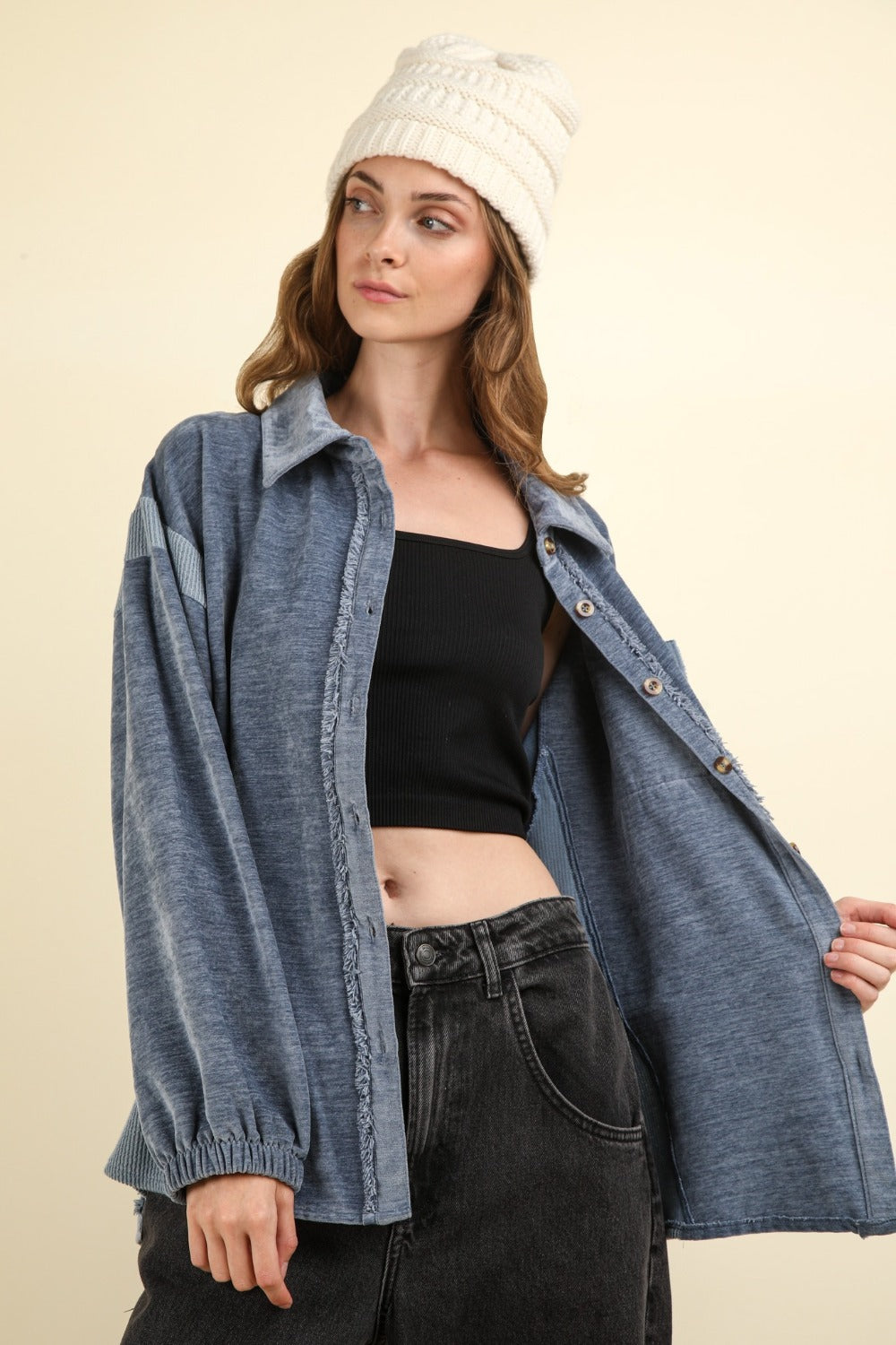 VERY J Mixed Media Button Down Raw Hem Shacket Shirt Apparel Clothing Tops price-change-job-active Ship from USA Shirts USA VERY J Women Trendsi https://www.cyberehub.com