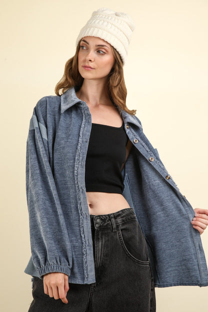 VERY J Mixed Media Button Down Raw Hem Shacket Shirt Apparel Clothing Tops price-change-job-active Ship from USA Shirts USA VERY J Women Trendsi https://www.cyberehub.com