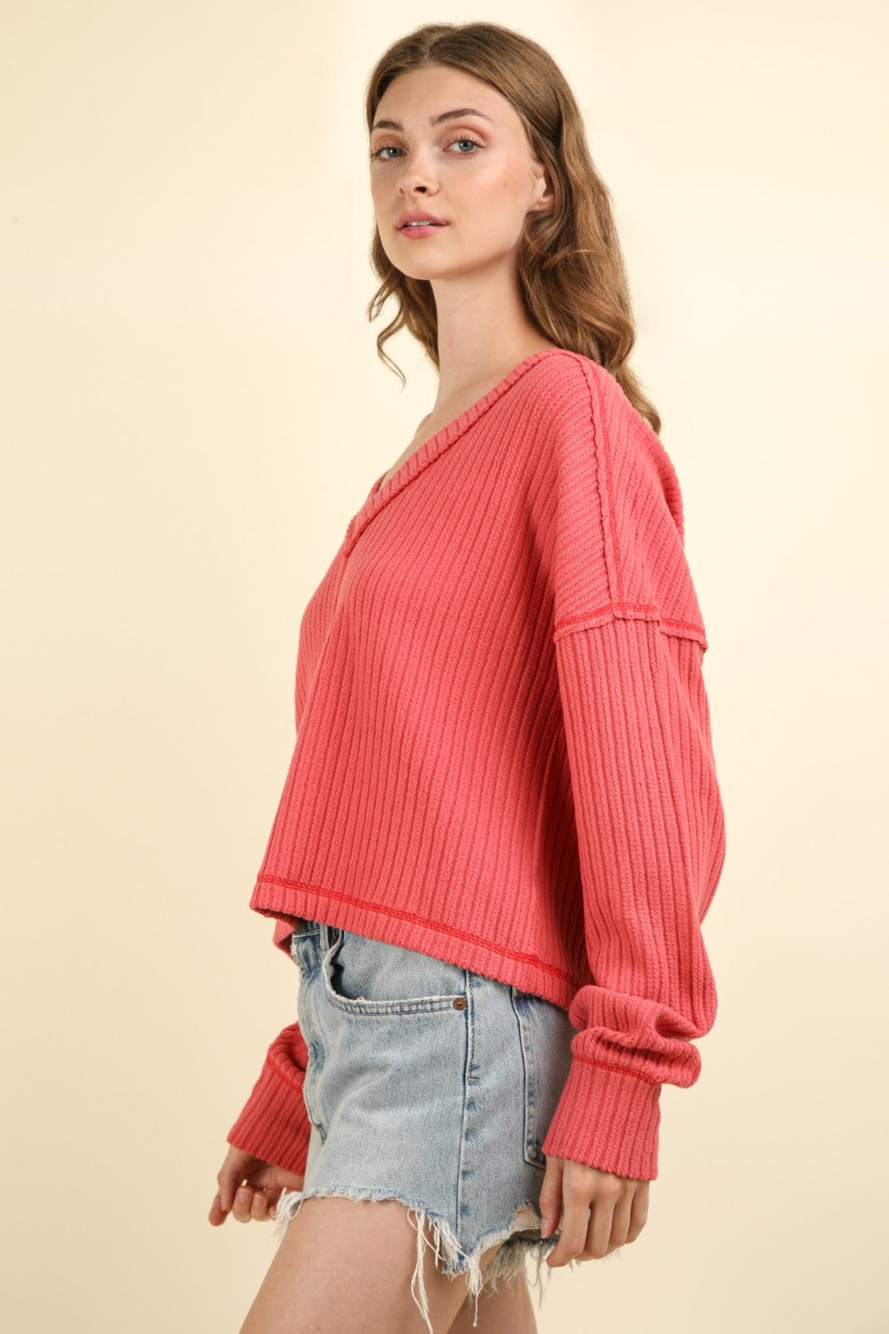 VERY J Exposed Seam V-Neck Ribbed Knit Top Shirt Apparel Clothing Tops Ship from USA Shirts USA VERY J Women Trendsi https://www.cyberehub.com
