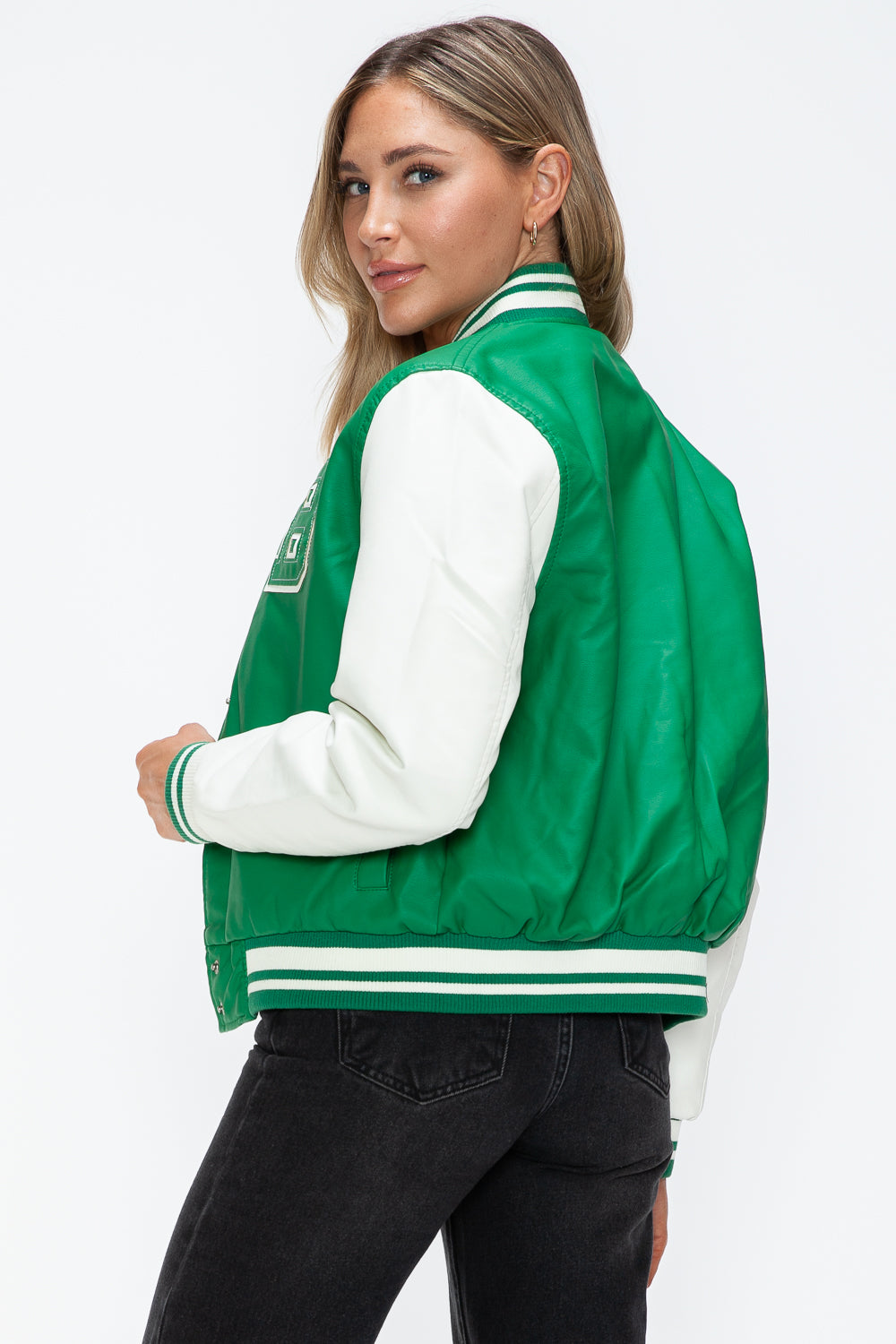 Love Me Now PU Leather Contrast Snap Down Bomber Jacket Tops/Jackets/Sweaters Clothing Tops Love Me Now Ship from USA TikTok Trendsi USPS Walmart Trendsi https://www.cyberehub.com