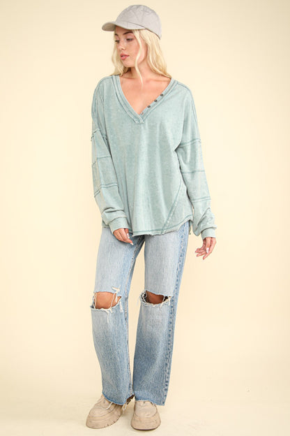 VERY J Washed V-Neck Exposed Seam Knit Top Shirt Apparel Clothing Tops price-change-job-active Ship from USA Shirts USA VERY J Women Trendsi https://www.cyberehub.com
