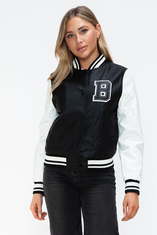 Love Me Now PU Leather Contrast Snap Down Bomber Jacket Black White Tops/Jackets/Sweaters Clothing Tops Love Me Now Ship from USA TikTok Trendsi USPS Walmart Trendsi https://www.cyberehub.com