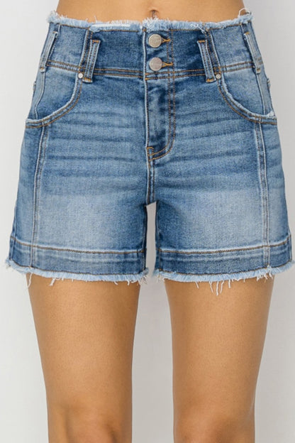 RISEN High Rise Seam Detailed Raw Edge Denim Shorts Bottoms Bottoms Clothing Pants RISEN Ship from USA Women Trendsi https://www.cyberehub.com