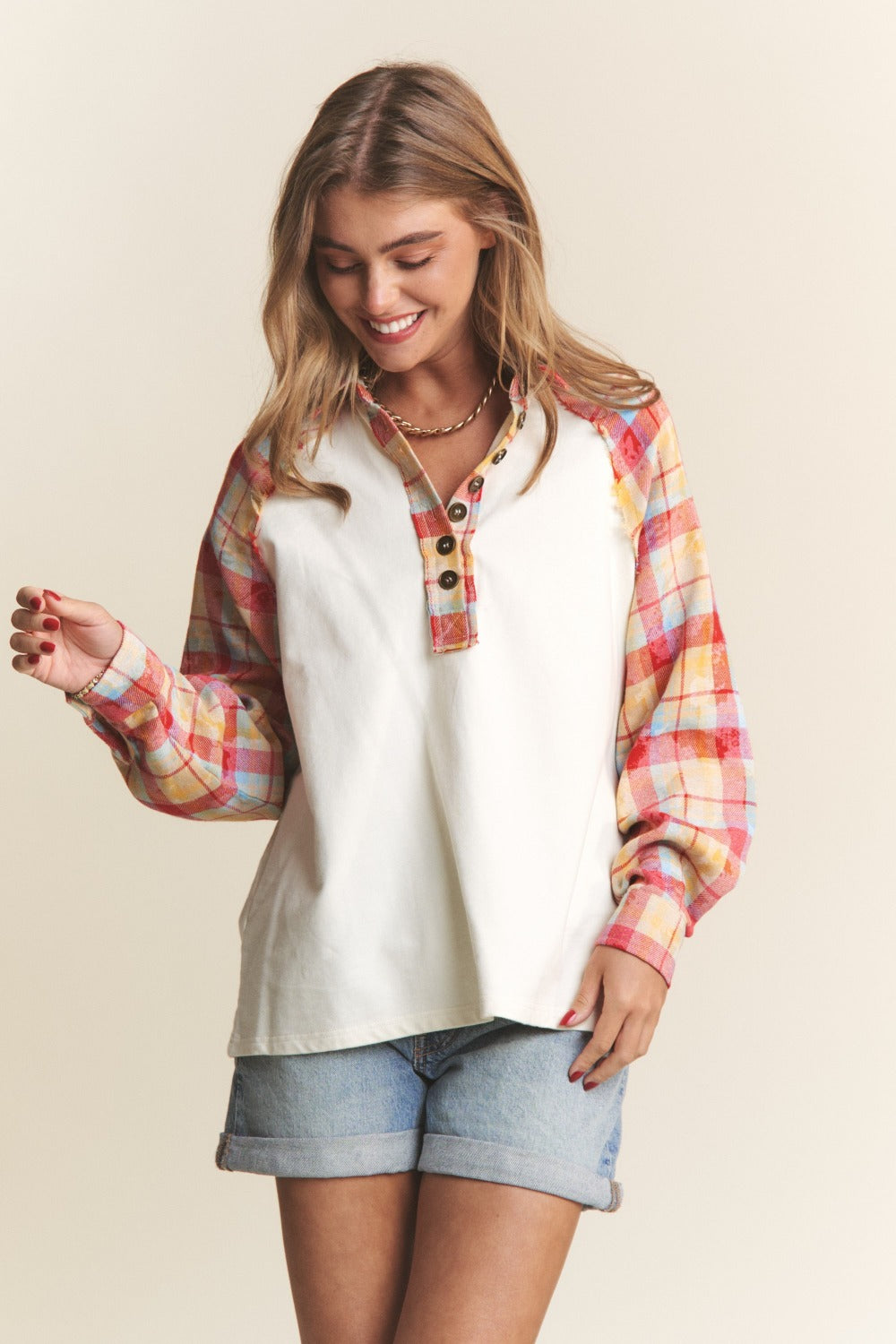 J.NNA Plaid Contrast Button Down Henley Top Tops/Jackets/Sweaters Clothing Tops J.NNA Ship from USA TikTok Trendsi USPS Walmart Trendsi https://www.cyberehub.com