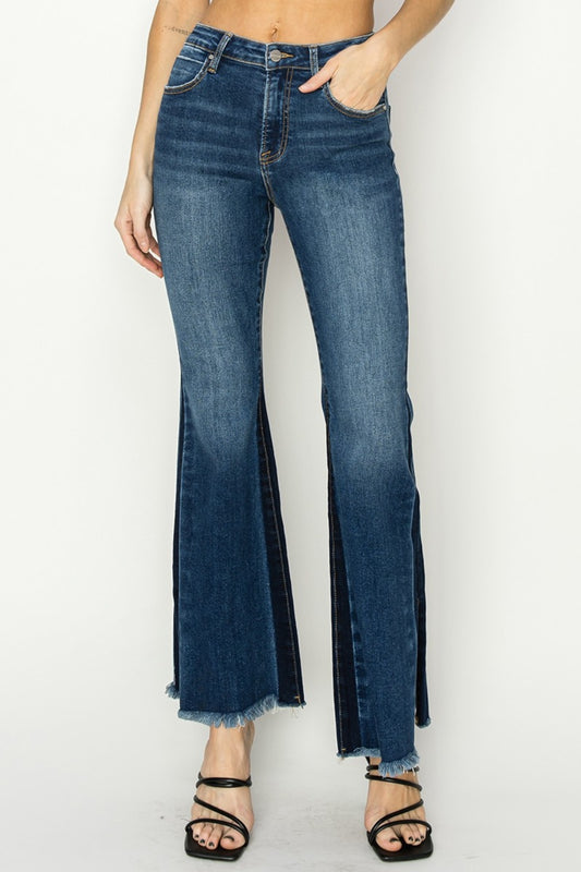RISEN Full Size High Rise Side Shadow Seam Detail Slit Flare Jeans Dark Bottoms Bottoms Clothing RISEN Ship from USA Women Trendsi https://www.cyberehub.com