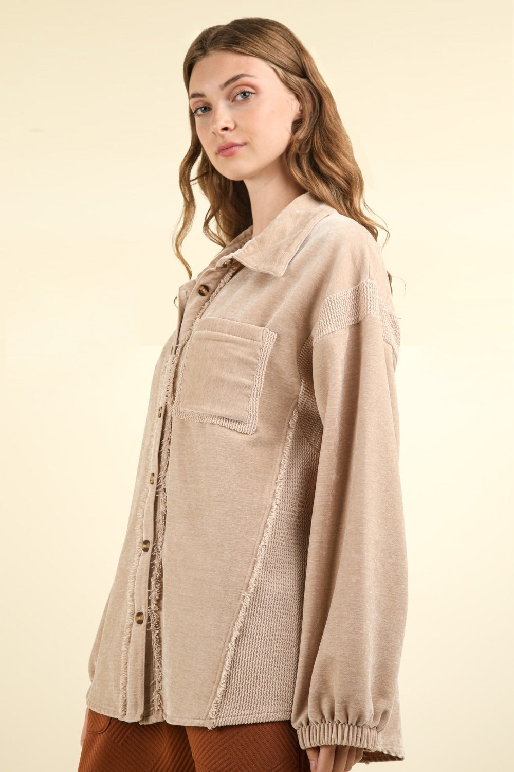 VERY J Mixed Media Button Down Raw Hem Shacket Shirt Apparel Clothing Tops price-change-job-active Ship from USA Shirts USA VERY J Women Trendsi https://www.cyberehub.com