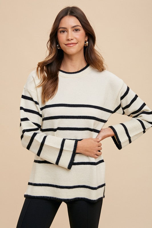 Annie Wear Side Slit Striped Round Neck Sweater Apparel Annie Wear Apparel Ship from USA TikTok Trendsi Trendsi https://www.cyberehub.com