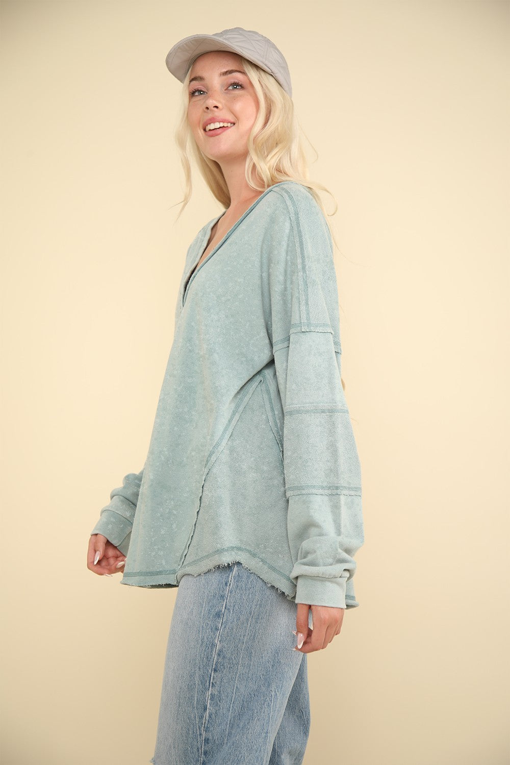 VERY J Washed V-Neck Exposed Seam Knit Top Shirt Apparel Clothing Tops price-change-job-active Ship from USA Shirts USA VERY J Women Trendsi https://www.cyberehub.com