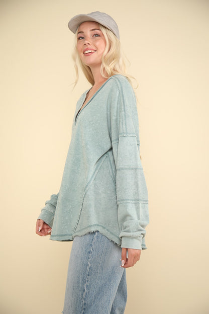 VERY J Washed V-Neck Exposed Seam Knit Top Shirt Apparel Clothing Tops price-change-job-active Ship from USA Shirts USA VERY J Women Trendsi https://www.cyberehub.com
