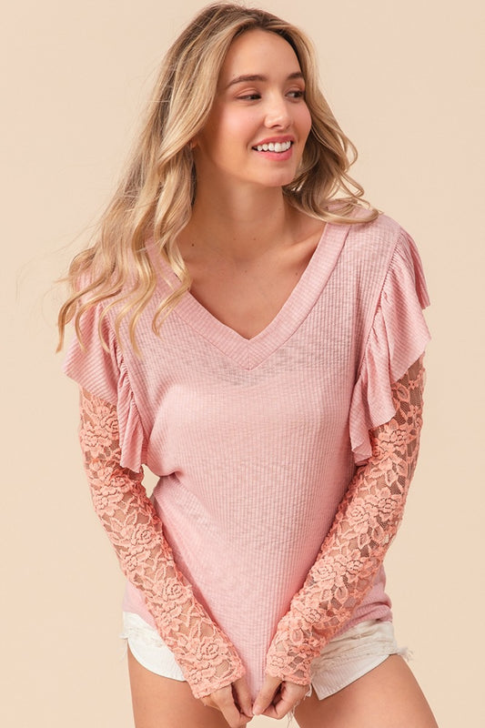 BiBi Ruffled Lace Sleeve Rib Knit Top Blush Pink Apparel/Tops BiBi Ship from USA TikTok Tops Trendsi USPS Walmart Walmart Apparel Trendsi https://www.cyberehub.com