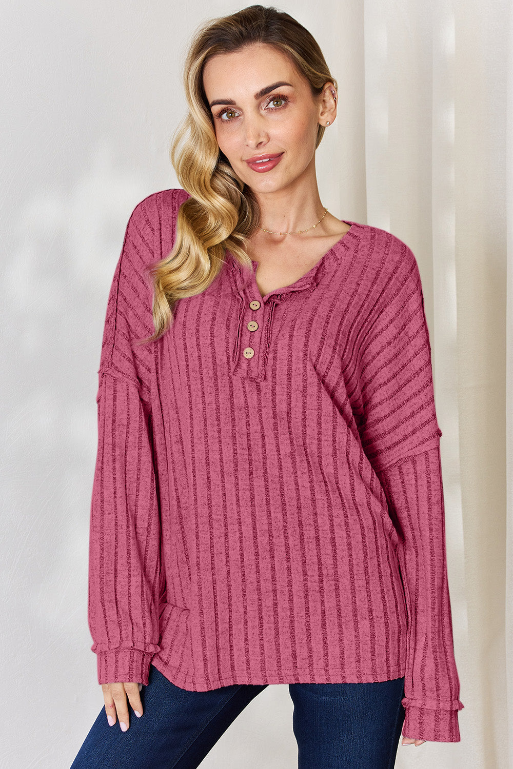 Basic Bae Full Size Ribbed Half Button Long Sleeve T-Shirt Hot Pink Apparel/Tops Basic Bae Ship from USA TikTok Tops Trendsi USPS Walmart Walmart Apparel Trendsi https://www.cyberehub.com