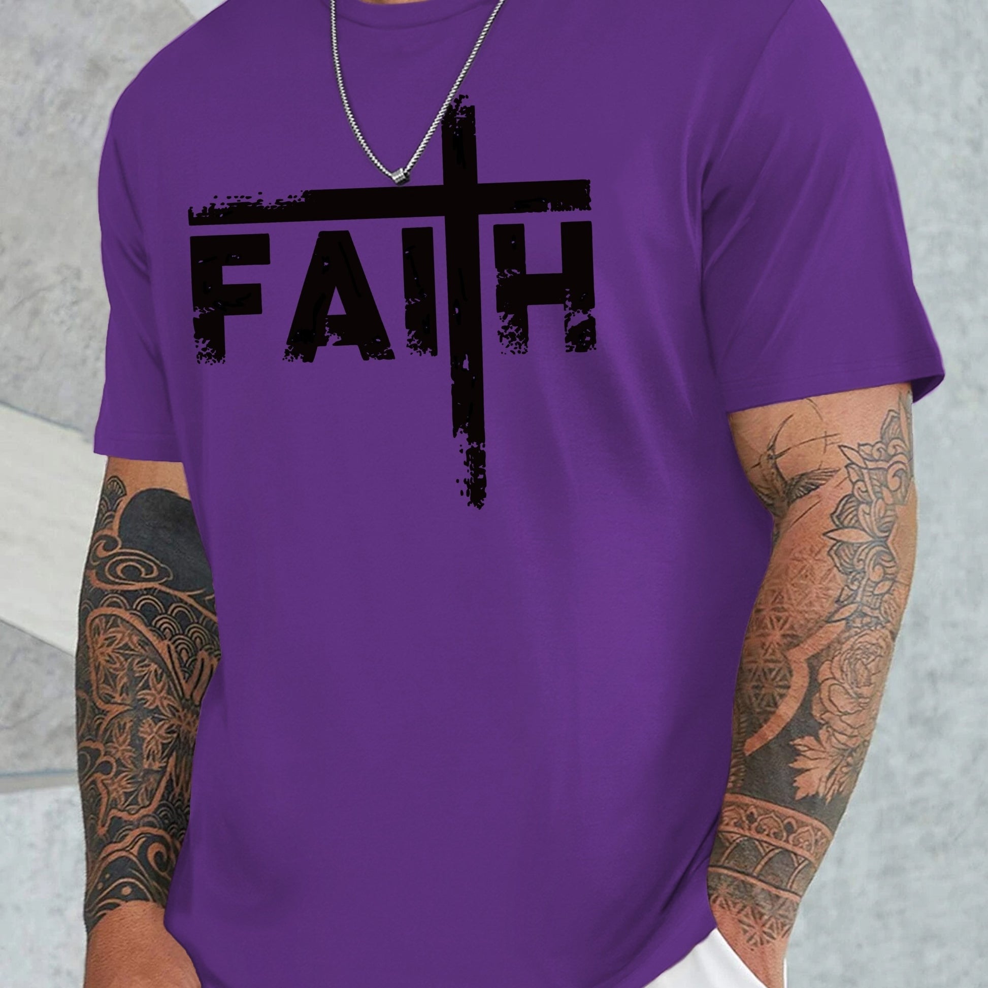 Large Men's Casual Fashion Sports T-shirt, Faith Pattern Round Neck Comfortable T-shirt Summer Clothing Purple Apparel/Shirt/Graphic Shirt SNULLO https://www.cyberehub.com