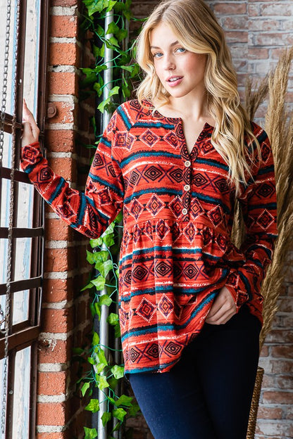 Heimish Full Size Geometric Button Detail Long Sleeve Babydoll Top Scarlet Apparel Apparel Heimish Ship from USA TikTok Trendsi Trendsi https://www.cyberehub.com