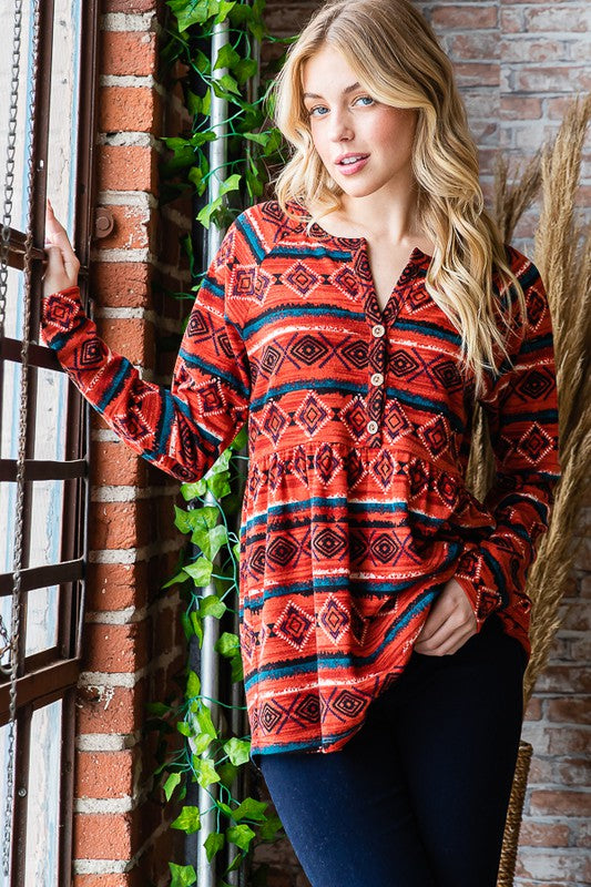 Heimish Full Size Geometric Button Detail Long Sleeve Babydoll Top Scarlet Apparel Apparel Heimish Ship from USA TikTok Trendsi Trendsi https://www.cyberehub.com