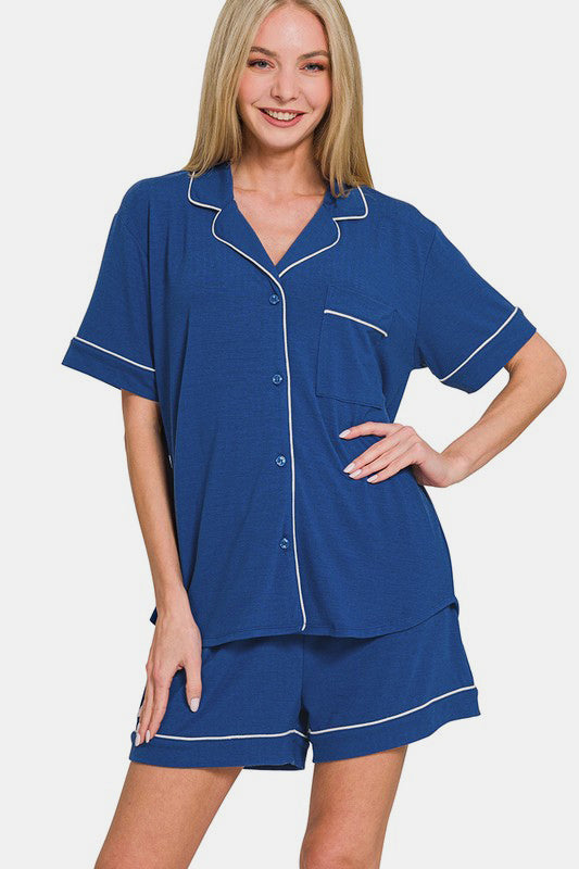 Zenana Button Down Short Sleeve Top and Shorts Lounge Set Navy Apparel Apparel Ship from USA TikTok Trendsi Zenana Trendsi https://www.cyberehub.com