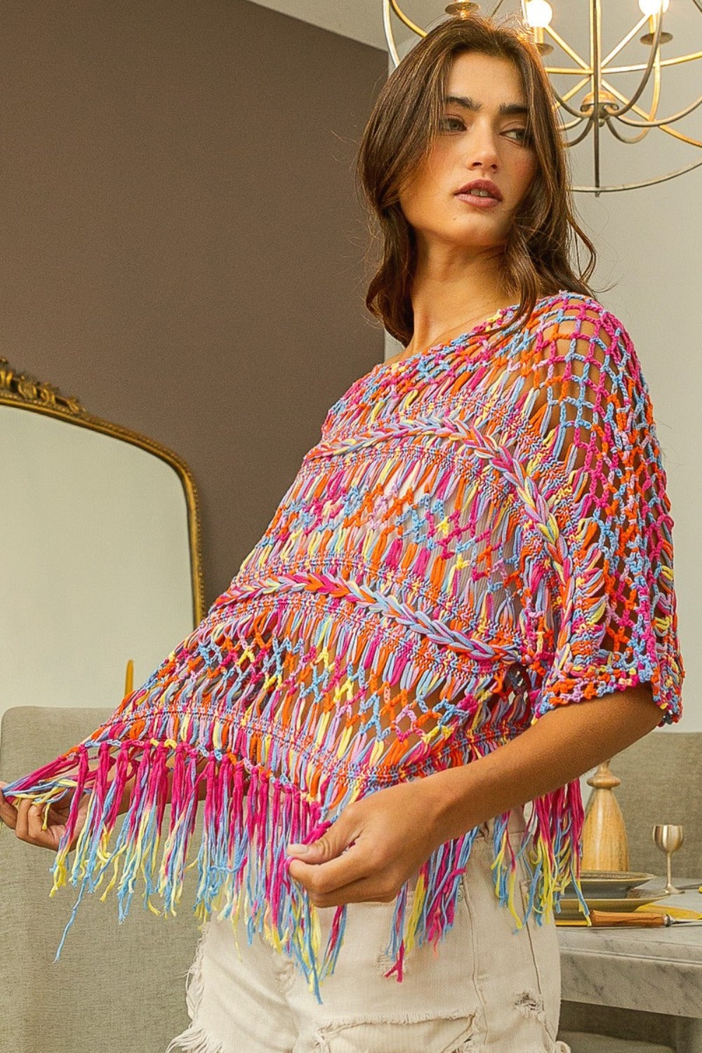 BiBi Openwork Fringed Knit Cover Up Burnt Orange Multi Shirt Apparel BiBi Clothing Tops Ship from USA Shirts USA Women Trendsi https://www.cyberehub.com