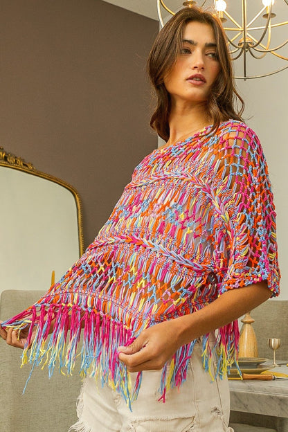 BiBi Openwork Fringed Knit Cover Up Burnt Orange Multi Shirt Apparel BiBi Clothing Tops Ship from USA Shirts USA Women Trendsi https://www.cyberehub.com