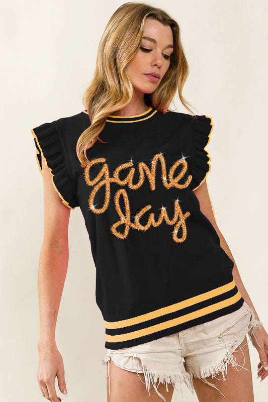 BiBi Game Day Letter Contrast Trim Ruffled Sleeveless Sweater Black Gold Shirt Apparel BiBi Clothing Tops Ship from USA Shirts USA Women Trendsi https://www.cyberehub.com