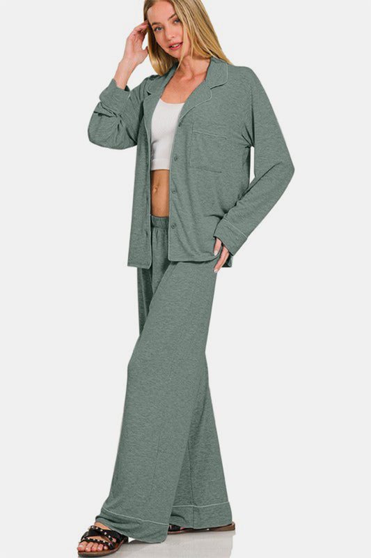 Zenana Button Down Long Sleeve Top and Pants Lounge Set Apparel Apparel Ship from USA TikTok Trendsi Zenana Trendsi https://www.cyberehub.com