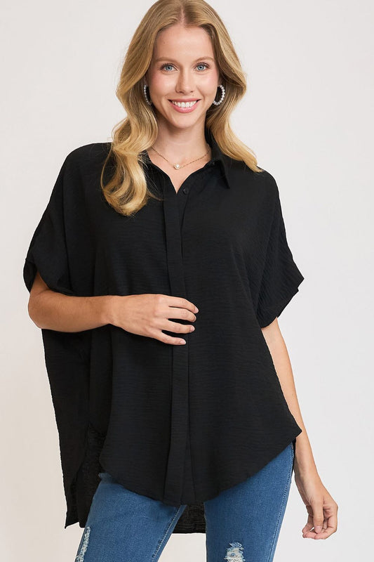 Umgee Full Size High-Low Button Up Short Sleeve Shirt Black Apparel/Tops Ship from USA TikTok Tops Trendsi Umgee USA USPS Walmart Walmart Apparel Trendsi https://www.cyberehub.com