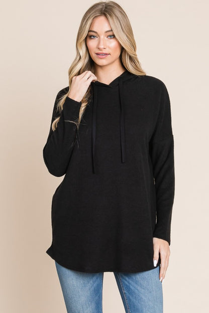 BOMBOM Contrast Drawstring Drop Shoulder Knit Hoodie Black Tops/Jackets/Sweaters BOMBOM Clothing Tops Ship from USA TikTok Trendsi USPS Walmart Trendsi https://www.cyberehub.com