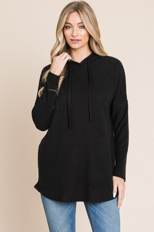 BOMBOM Contrast Drawstring Drop Shoulder Knit Hoodie Black Tops/Jackets/Sweaters BOMBOM Clothing Tops Ship from USA TikTok Trendsi USPS Walmart Trendsi https://www.cyberehub.com