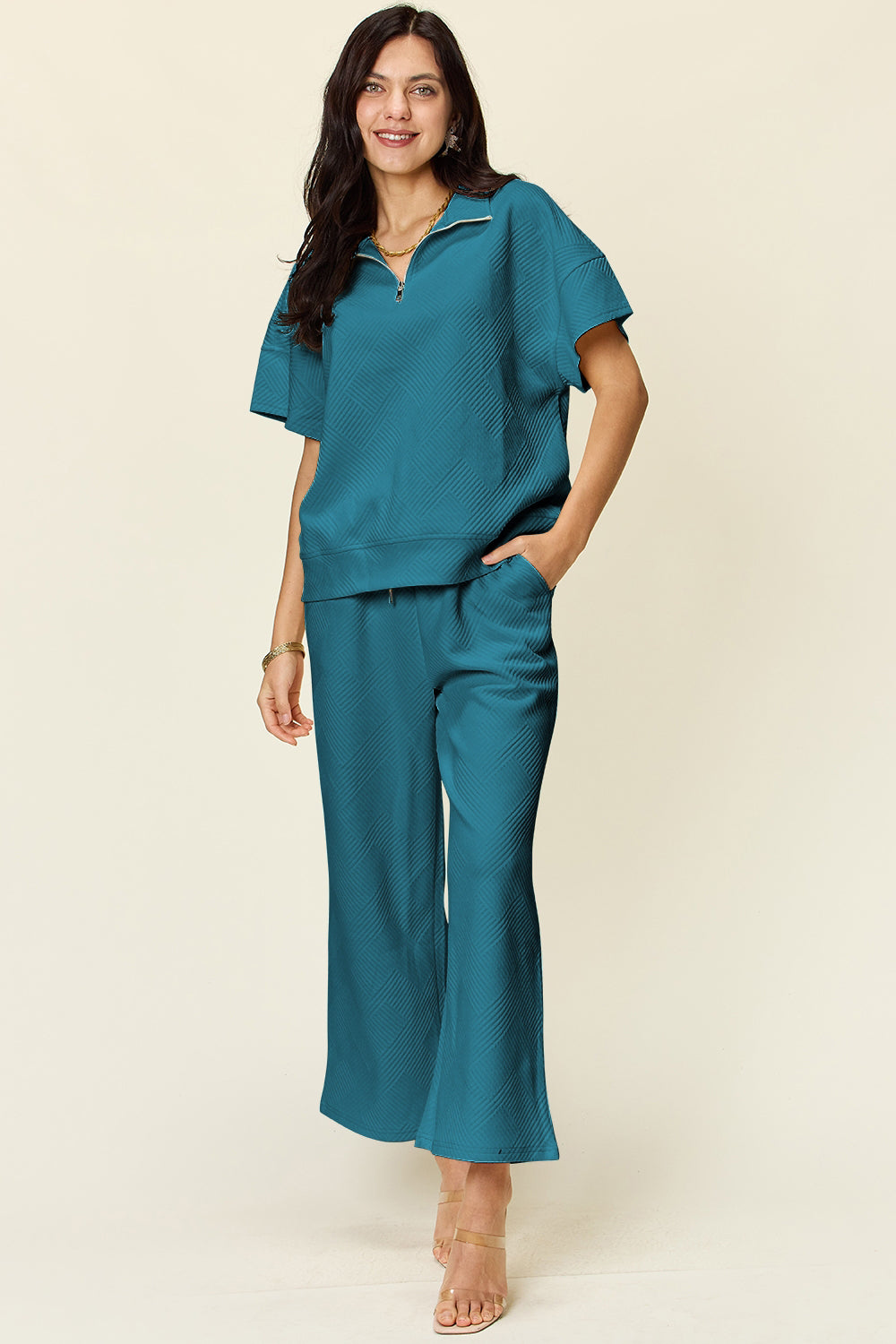 Double Take Full Size Texture Half Zip Short Sleeve Top and Pants Set Teal Apparel/Tops Double Take Ship from USA TikTok Tops Trendsi USPS Walmart Walmart Apparel Trendsi https://www.cyberehub.com