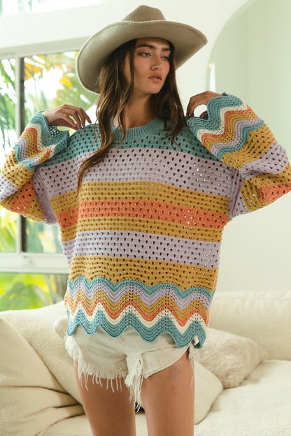 BiBi Wavy Hem Openwork Contrast Round Neck Sweater Vintage lilac Tops/Jackets/Sweaters BiBi Clothing Tops Ship from USA TikTok Trendsi USPS Walmart Trendsi https://www.cyberehub.com