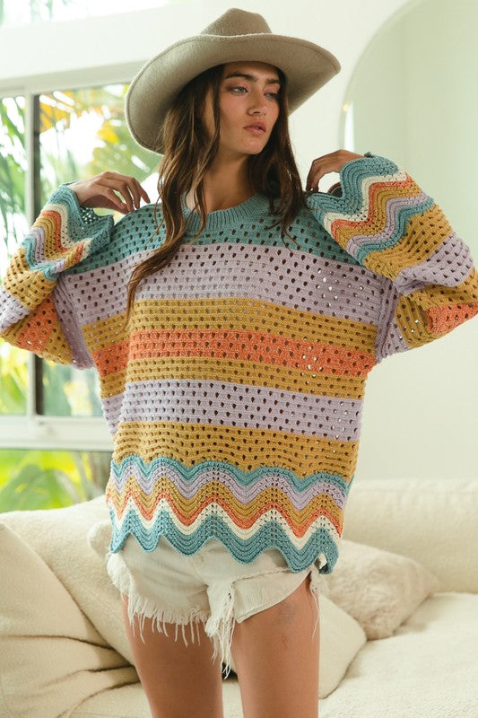 BiBi Wavy Hem Openwork Contrast Round Neck Sweater Vintage lilac Tops/Jackets/Sweaters BiBi Clothing Tops Ship from USA TikTok Trendsi USPS Walmart Trendsi https://www.cyberehub.com