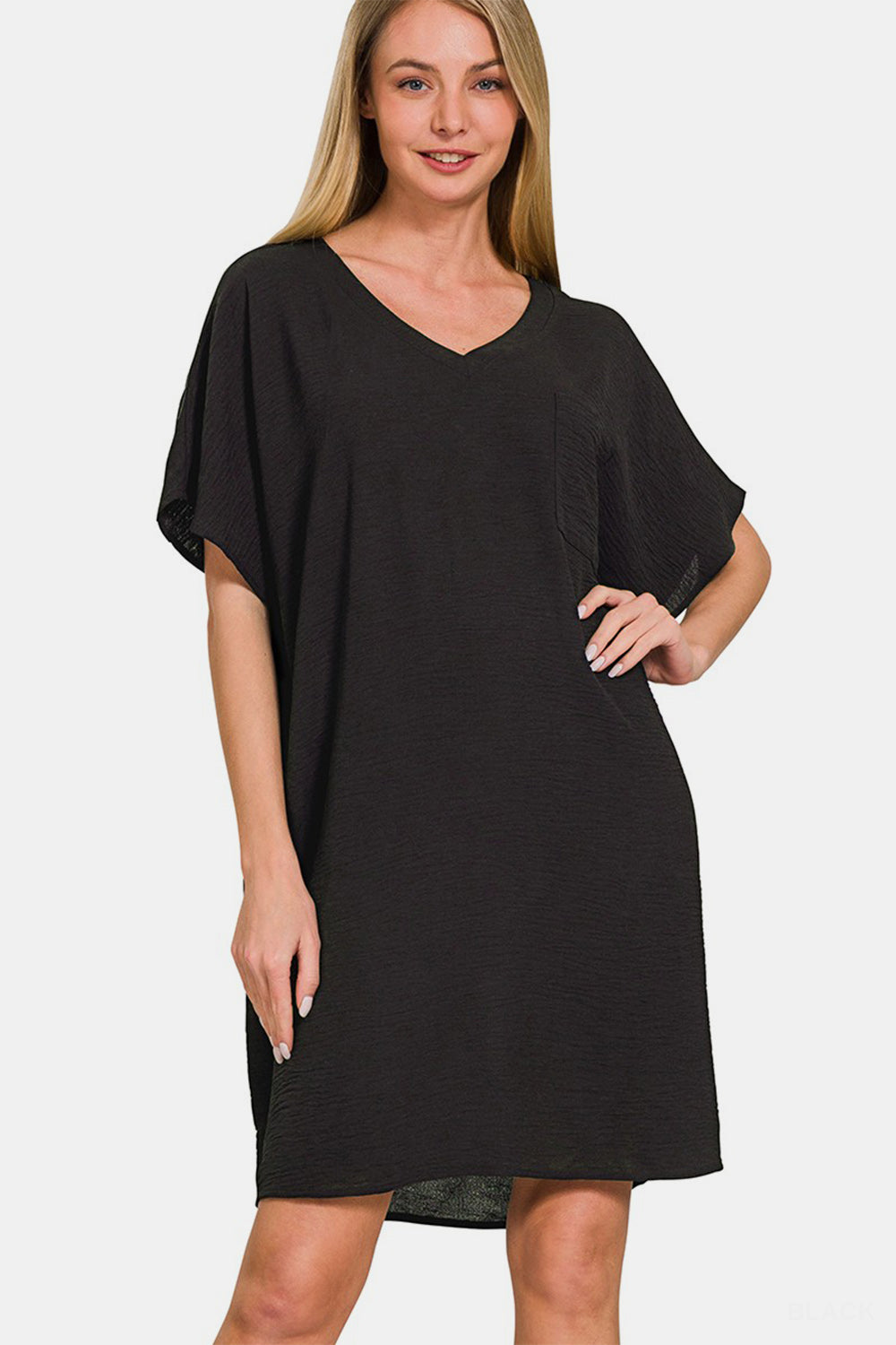 Zenana V-Neck Tee Dress with Pockets Black Apparel/Dress Dress Ship from USA TikTok Trendsi USPS Walmart Walmart Apparel Zenana Trendsi https://www.cyberehub.com