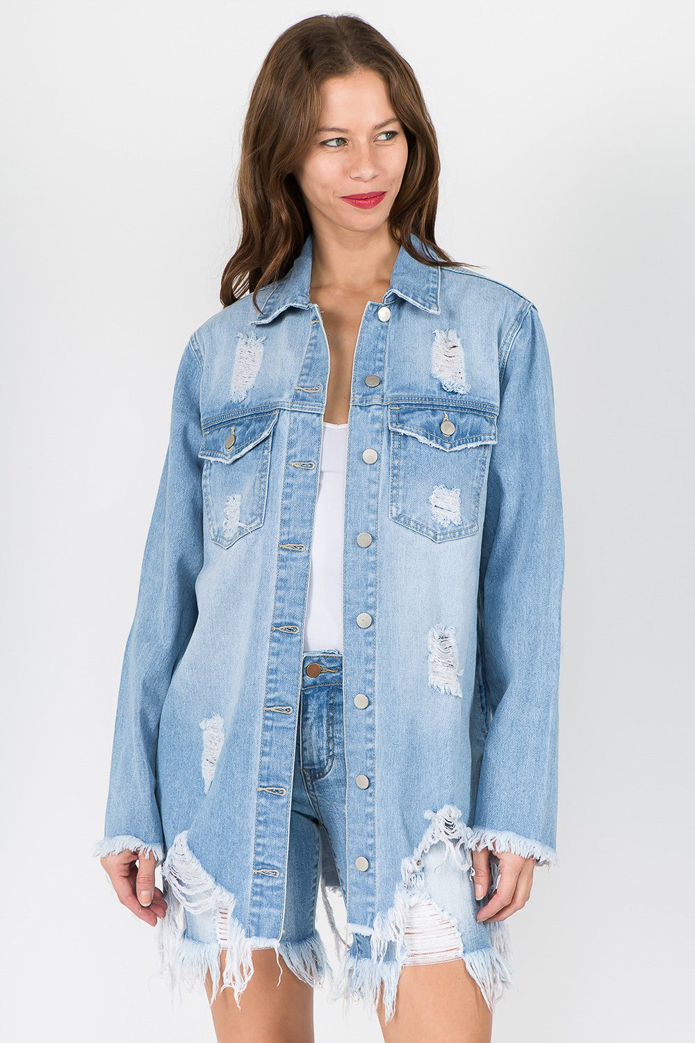 American Bazi Distressed Frayed Hem Denim Jacket LT Blue Tops/Jackets/Sweaters American Bazi Clothing Tops Ship from USA TikTok Trendsi USPS Walmart Trendsi https://www.cyberehub.com