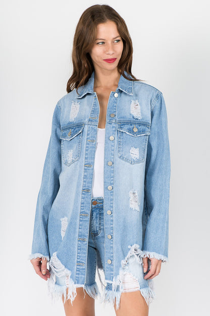 American Bazi Distressed Frayed Hem Denim Jacket LT Blue Tops/Jackets/Sweaters American Bazi Clothing Tops Ship from USA TikTok Trendsi USPS Walmart Trendsi https://www.cyberehub.com
