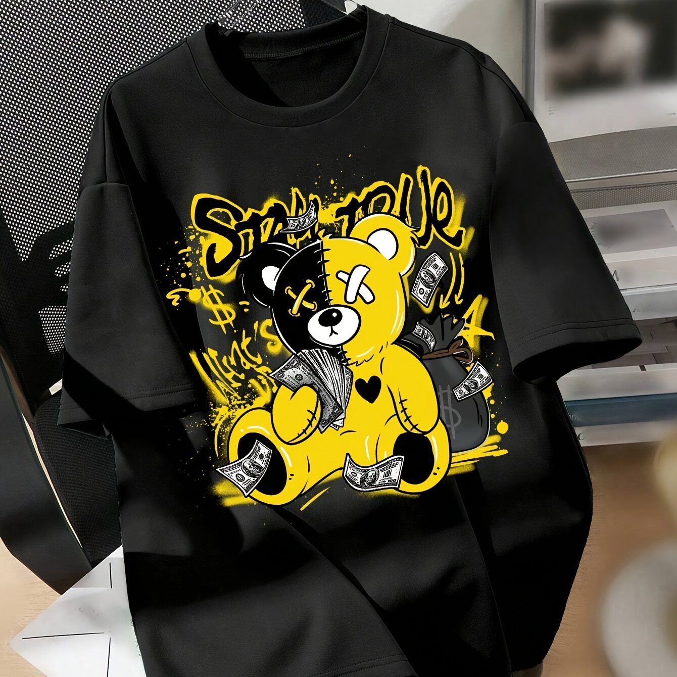 Splicing Bear And Letter Printed Casual T-shirt, Round Neck Loose Top With Dropped Shoulders, Suitable For Spring And Summer Black Apparel/Shirt/Graphic Shirt SNULLO https://www.cyberehub.com