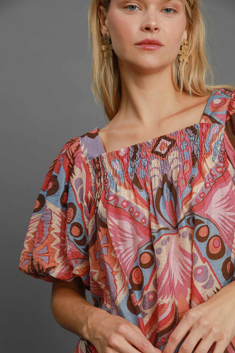 Umgee Full Size Abstract Print Smocked Square Neck Puff Sleeve Blouse Apparel/Tops Ship from USA TikTok Tops Trendsi Umgee USA USPS Walmart Walmart Apparel Trendsi https://www.cyberehub.com