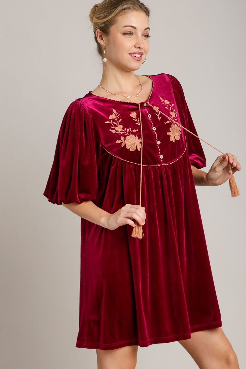 Umgee Embroidered Half Sleeve Velvet Mini Dress with Tassel Apparel Apparel Ship from USA TikTok Trendsi Umgee USA Trendsi https://www.cyberehub.com