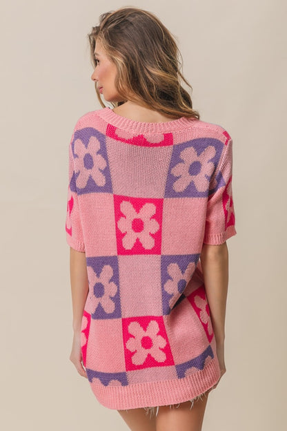 BiBi Flower Checker Pattern Short Sleeve Sweater Shirt Apparel BiBi Clothing Tops Ship from USA Shirts USA Women Trendsi https://www.cyberehub.com