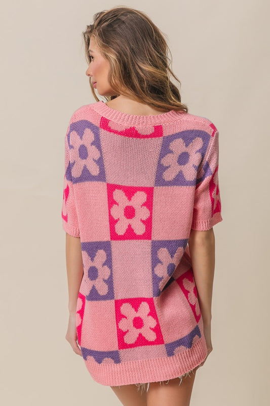 BiBi Flower Checker Pattern Short Sleeve Sweater Shirt Apparel BiBi Clothing Tops Ship from USA Shirts USA Women Trendsi https://www.cyberehub.com